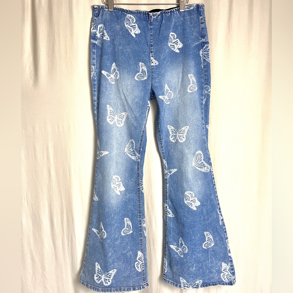 NOBO Butterfly Bell Bottom Jeans Pull On Stretch Denim | L